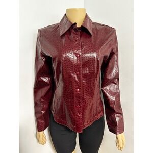 Y2K 90s Static Burgundy Croc Embossed Faux Leather Snap Front Jacket Womens M